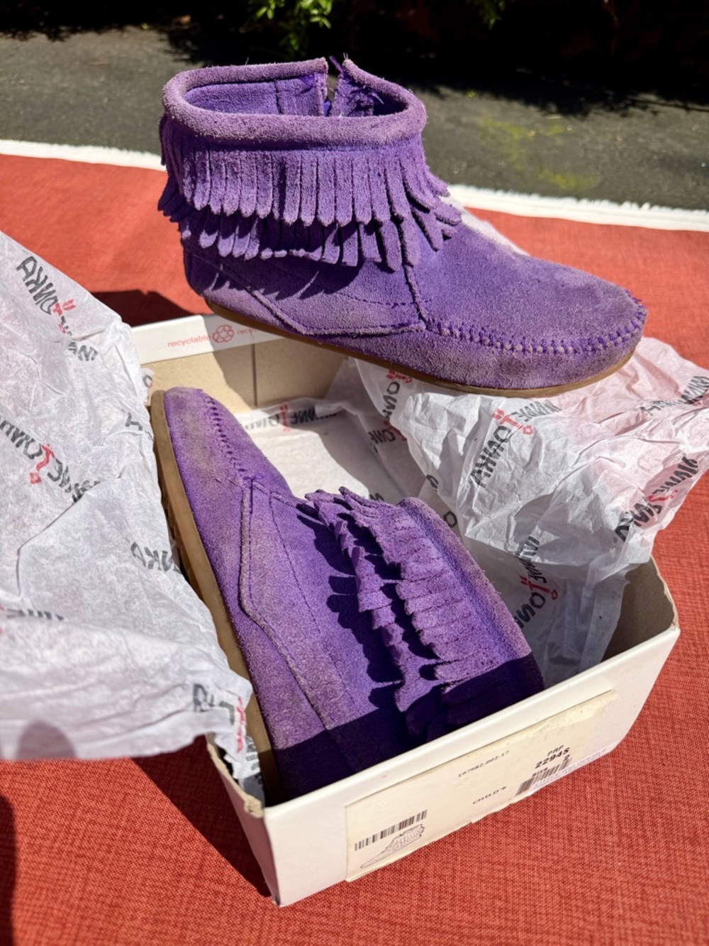 Minnetonka Kids Purple Suede Fringe Moccasin booties in box